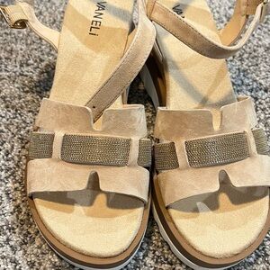 Vaneli Beige Strappy Sandals with Gold Accents